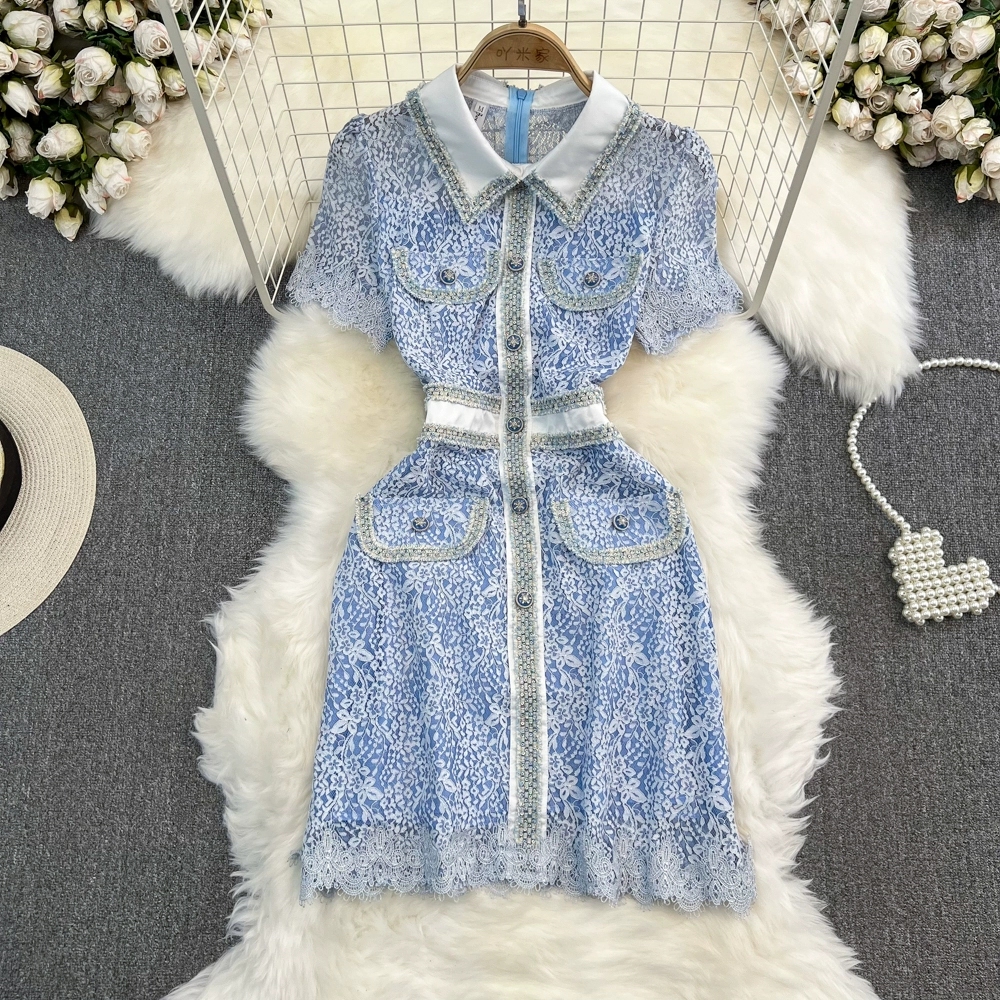 High end light luxury retro style short sleeved lapel with waistband slim and medium length A-line tassel lace dress, Blue
High end light luxury retro style short sleeved lapel with waistband slim and medium length A-line tassel lace dress, Blue