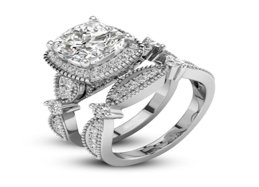 2 pcs Dazzling Unique Love Design 925 Sterling Silver White Sapphire Diamond Wedding Engagement Ring Set size 6105993822