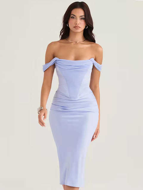 Offer Shoulder Elegant Draped Neck Satin Midi Dress Prom Cocktail Party Dresses For Women 2022 Wedding Guest Vestidos, Light blue
Offer Shoulder Elegant Draped Neck Satin Midi Dress Prom Cocktail Party Dresses For Women 2022 Wedding Guest Vestidos, Light blue