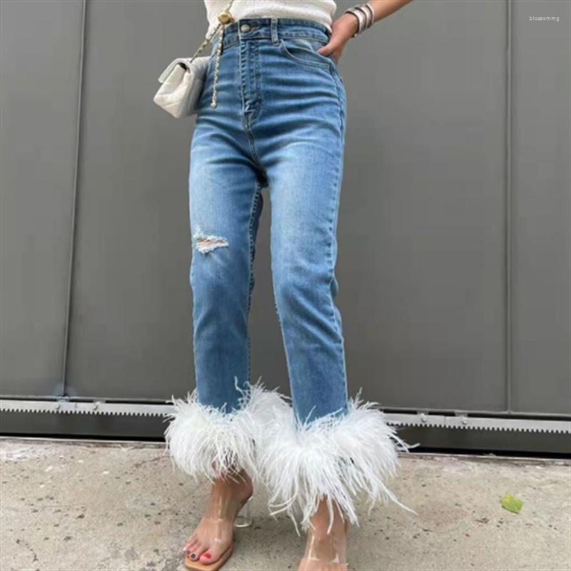 Women' Jeans Feather Splicing Stretch Denim Pans Women High Waist Design Hole High-waisted Straight, White feather
Women' Jeans Feather Splicing Stretch Denim Pans Women High Waist Design Hole High-waisted Straight, White feather