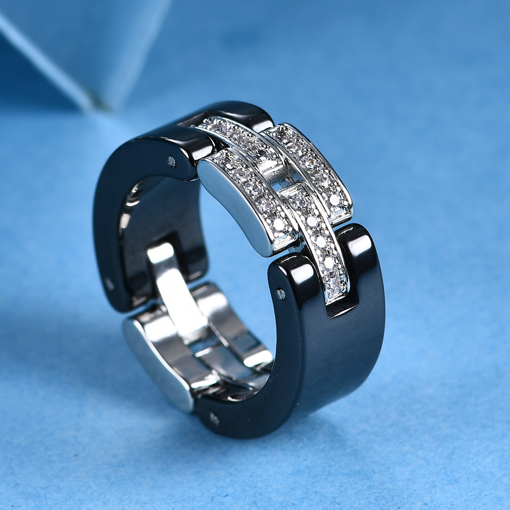 Elegant Black White Ceramic Chain Ring for Men Women Stainless Steel Austrian Crystal Porcelain Rings Wedding Jewelry Gift