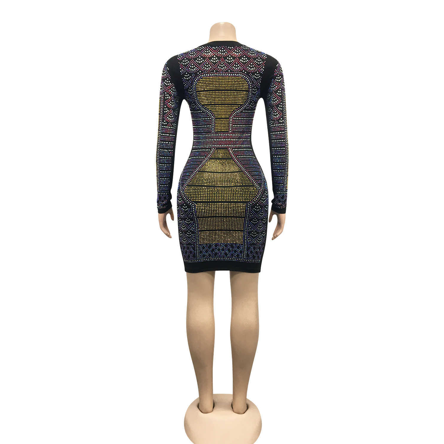 Women Nightclub Tight Long Sleeve Dresses Ladies Close-fitting Package Hip Skirt Hot Driling One-piece Dress Vestidos