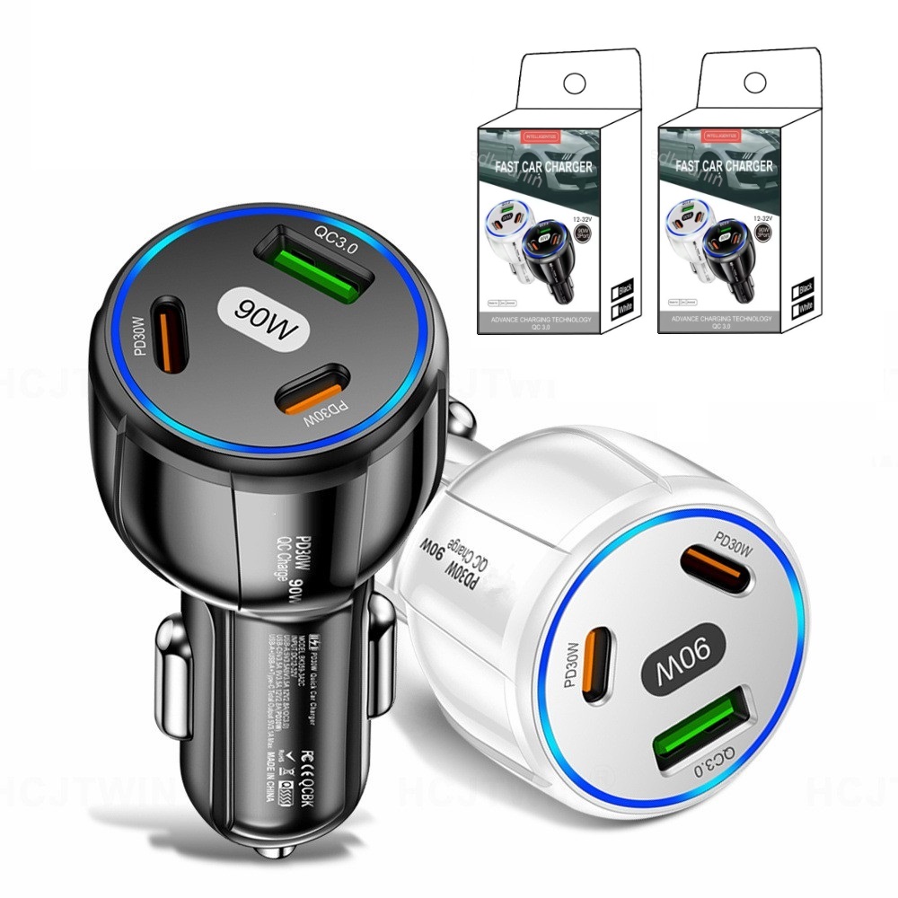 Fast Quick Charging 90W 2*PD30W 3 Ports Type c USB C Car Charger Power Adapters For Ipad 2 3 4 Iphone 13 14 15 Samsung S23 S24 Htc lg Android phone