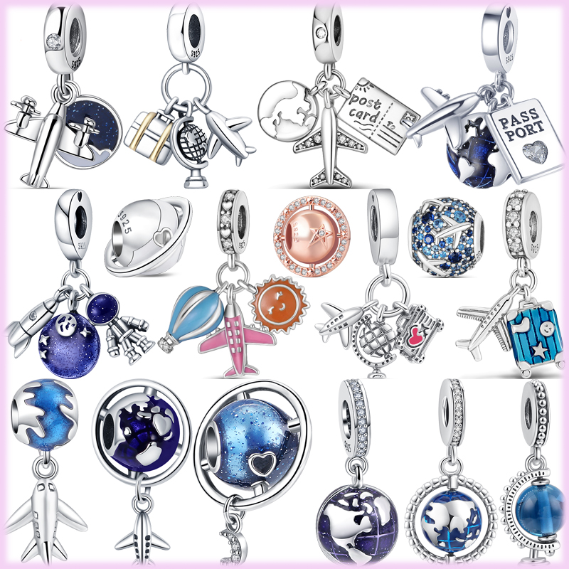 925 Sterling Silver Charming Blue Earth Aircraft Global Travel Postcard Global DIY Pearl Is Suitable For Primitive Bracelets Exquisite Jewelry