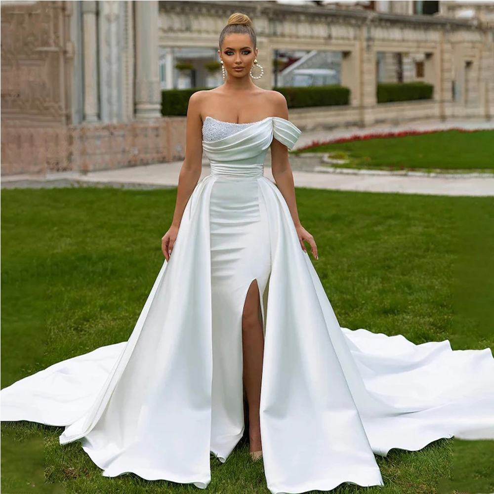 Shinning Beaded One Shoulder Mermmaid Wedding Dresses With Detachable Train Side Slit Bridal Gown Cape