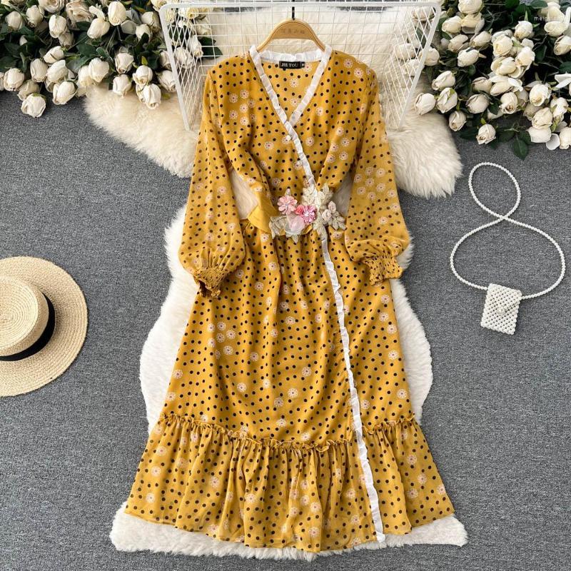 Casual Dresses Spring V-neck Polka Dot Printing 3D Flower Wrapped Hip Chiffon Dress Women Fashion Long Sleeve Vintage Vestidos J046, Yellow
Casual Dresses Spring V-neck Polka Dot Printing 3D Flower Wrapped Hip Chiffon Dress Women Fashion Long Sleeve Vintage Vestidos J046, Yellow