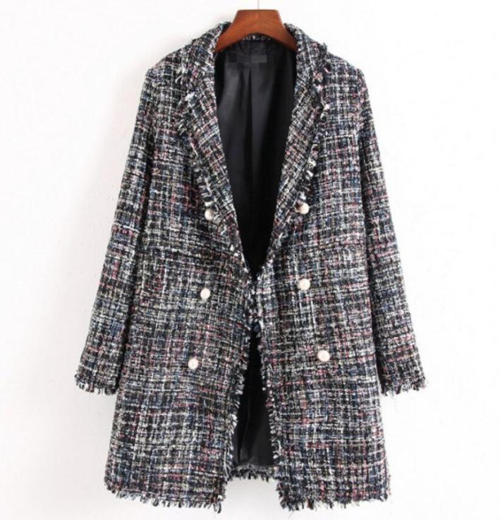 European and American style in autumn and winter long tweed small fragrance wind pearl buckle fringed ladies plaid plaid women038608102, Black
European and American style in autumn and winter long tweed small fragrance wind pearl buckle fringed ladies plaid plaid women038608102, Black