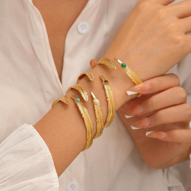 Charm Bracelets Arrival 18K Gold Plated Adjustable Leaf Design Bangle Natural Stone Stainless Steel Bracelet For Women Jewelry
Charm Bracelets Arrival 18K Gold Plated Adjustable Leaf Design Bangle Natural Stone Stainless Steel Bracelet For Women Jewelry