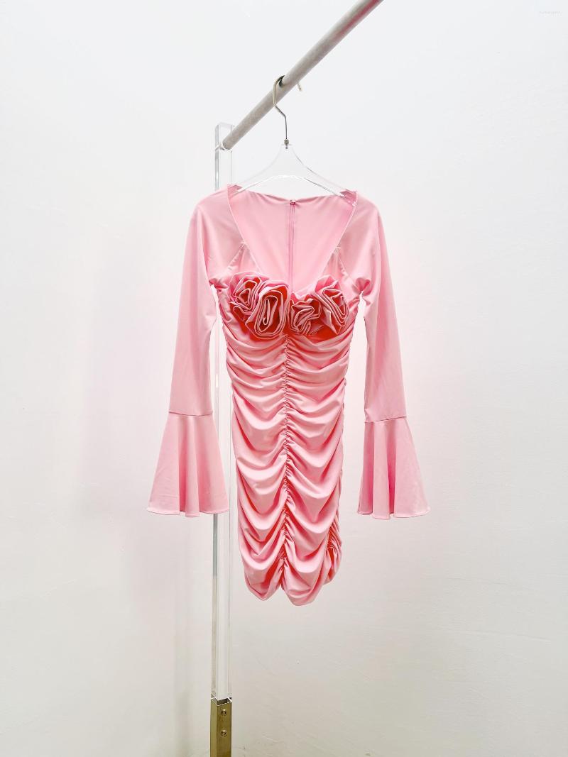 Casual Dresses Women Fashion Horn Long Sleeves V-neck Handmade Flower Off-the-shoulder Dress 0303