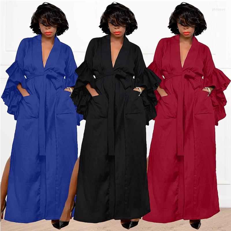 Casual Dresses Women Ruffle Sleeve Solid Long Maxi Dress Sexy Deep V Neck Lace Up Bandage Poacket Split Floor Length Elegamt Lady, Wine red
Casual Dresses Women Ruffle Sleeve Solid Long Maxi Dress Sexy Deep V Neck Lace Up Bandage Poacket Split Floor Length Elegamt Lady, Wine red