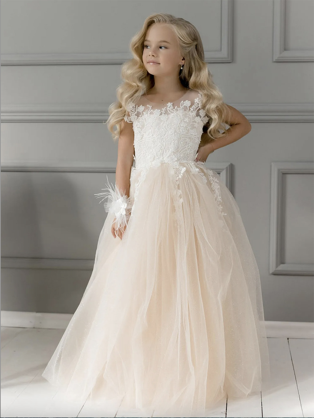 Cute Champagne Lace Flower Girl Dress Bows Children's First Communion Dress Princess Formal Tulle Ball Gown Wedding Party Dress 4-8 years