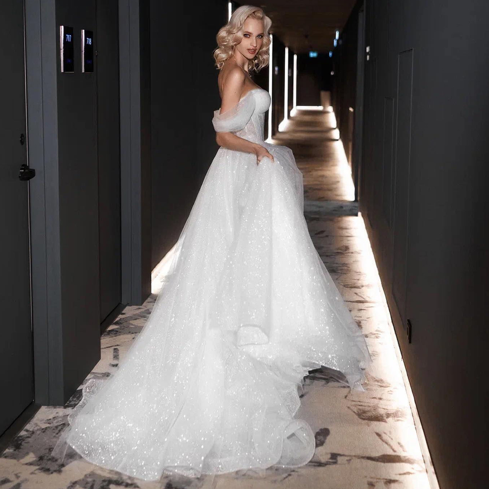 Stunning Off The Shoulder Glitter Wedding Dresses For Bride V-neck Tulle A Line Bridal Gown Custom Made Summer Garden Robe de mariee