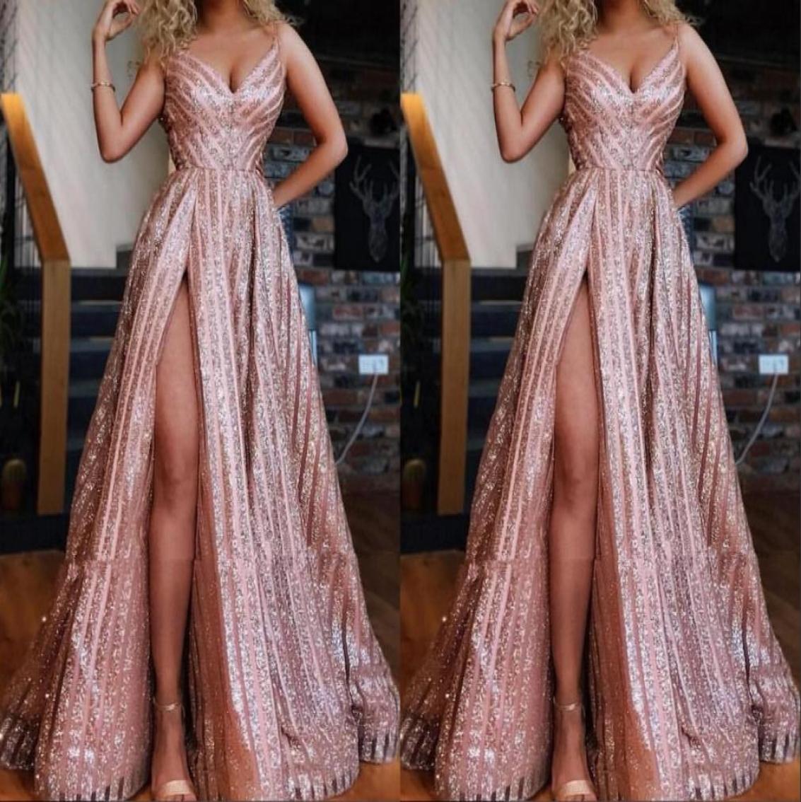 Sparkly Rose Gold South African Prom Bridesmaid Dresses with Straps A line High Split Ruched Evening Formal Pageant Dress4990176, Green 
Sparkly Rose Gold South African Prom Bridesmaid Dresses with Straps A line High Split Ruched Evening Formal Pageant Dress4990176, Green