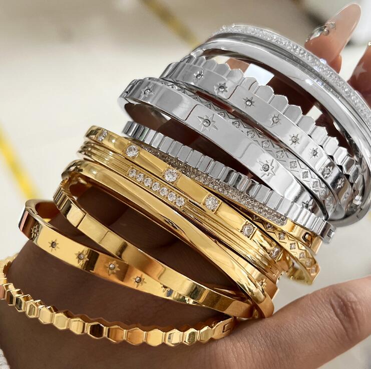 Stainless Steel Crystal Bangle Bracelet for Women, Gold Plated, Wedding Party Jewelry, Holiday Gift, Never Fade 5330