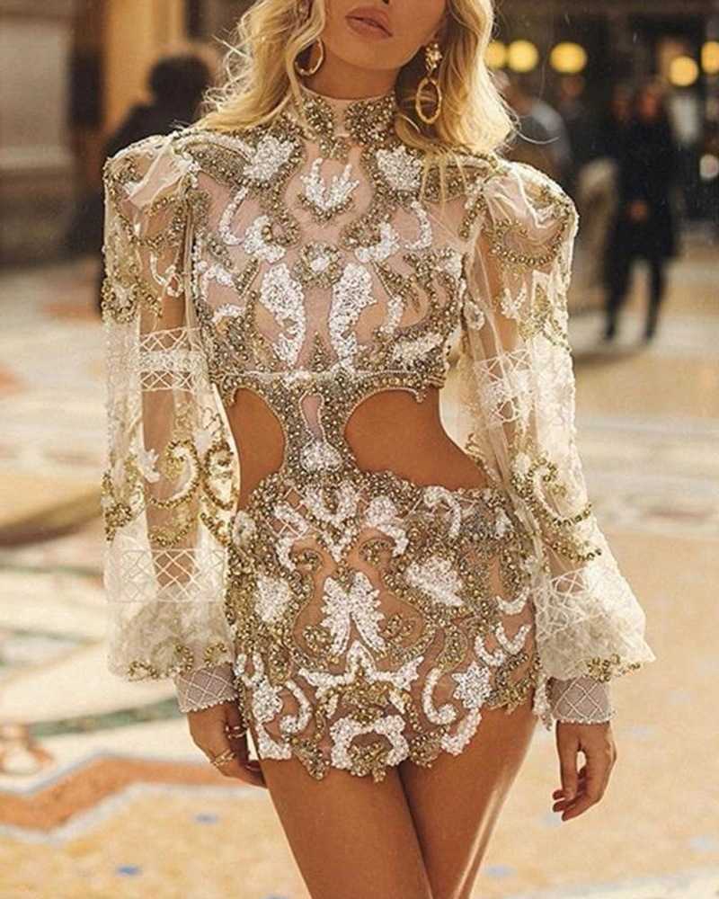 2022 New Style Women's Evening Full Dress Sequins Long Sleeve Short Full Dresses For Women Bridesmaid Dress