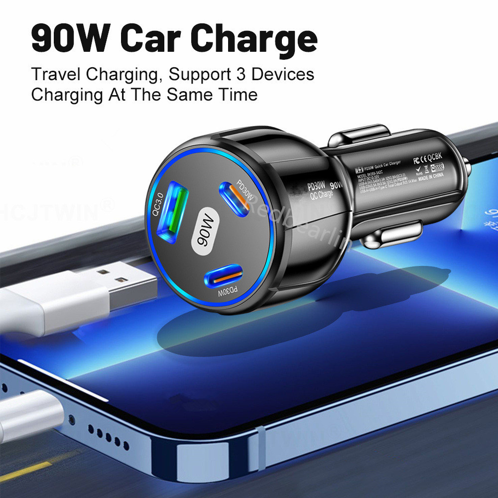 Fast Quick Charging 90W 2*PD30W 3 Ports Type c USB C Car Charger Power Adapters For Ipad 2 3 4 Iphone 13 14 15 Samsung S23 S24 Htc lg Android phone