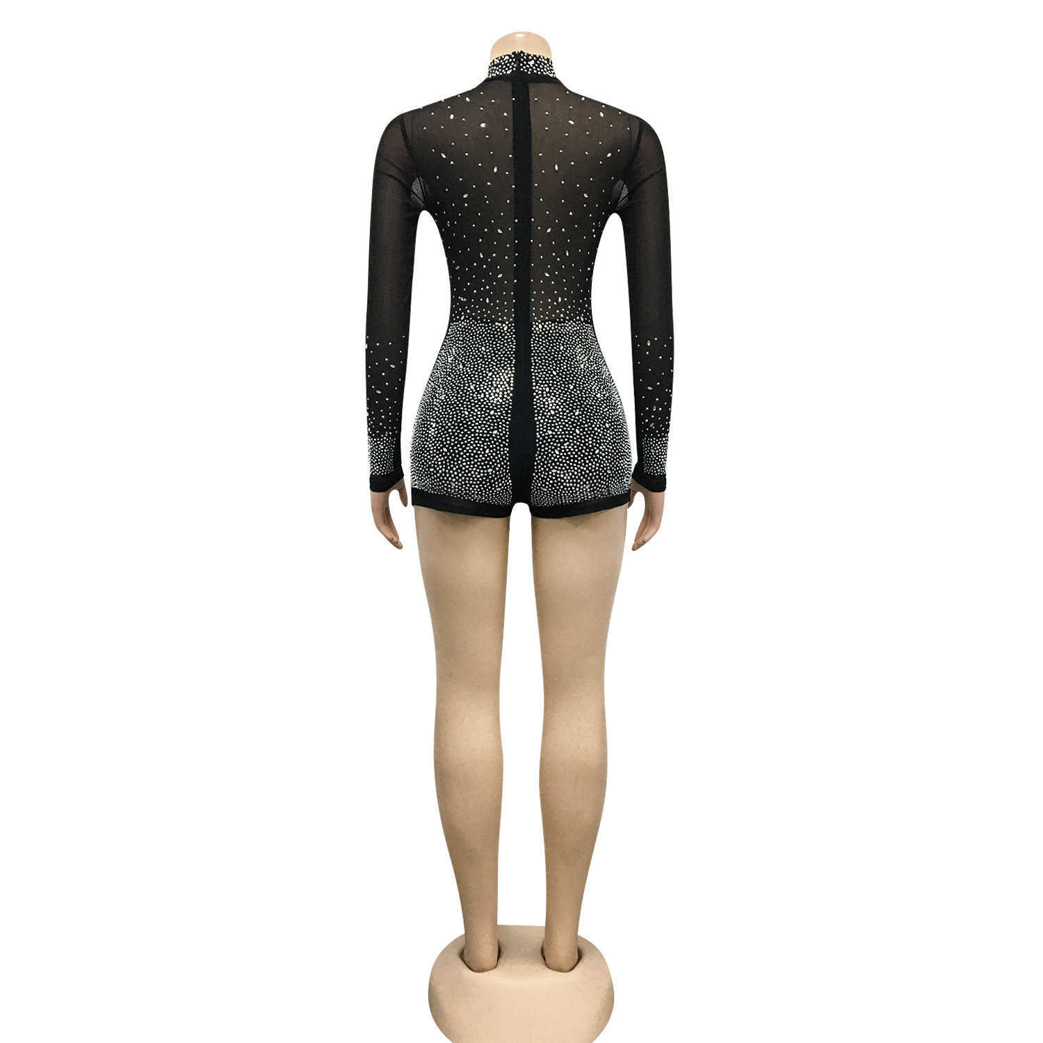 Women Hot Drilling Rhinestone Mesh Patchwork See Through Jumpsuits Summer Long Sleeve One Piece Overalls Club Bodysuit