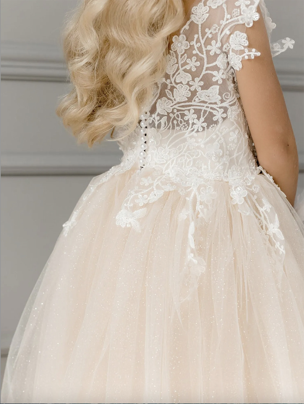 Cute Champagne Lace Flower Girl Dress Bows Children's First Communion Dress Princess Formal Tulle Ball Gown Wedding Party Dress 4-8 years