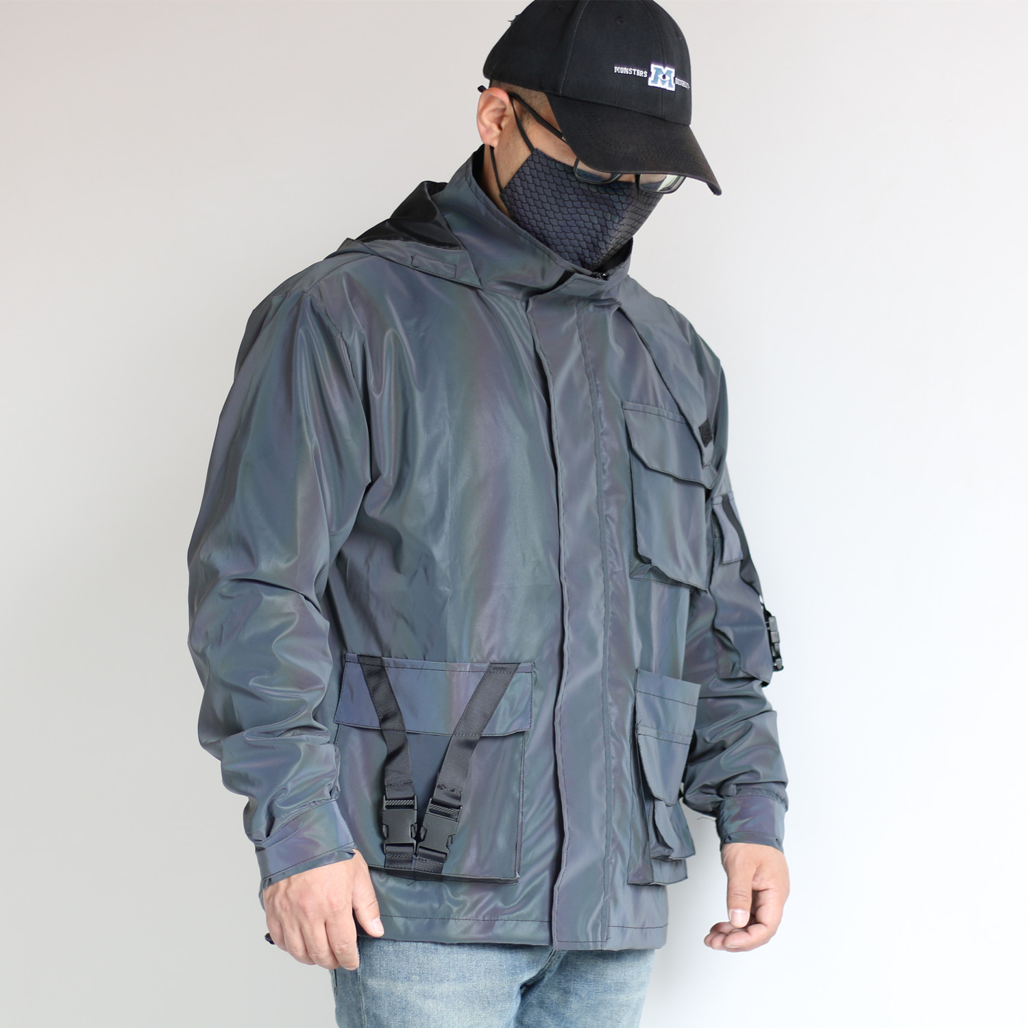 Casual men three dimensional multi pocket zipper cargo hoodded dazzling reflective jacket