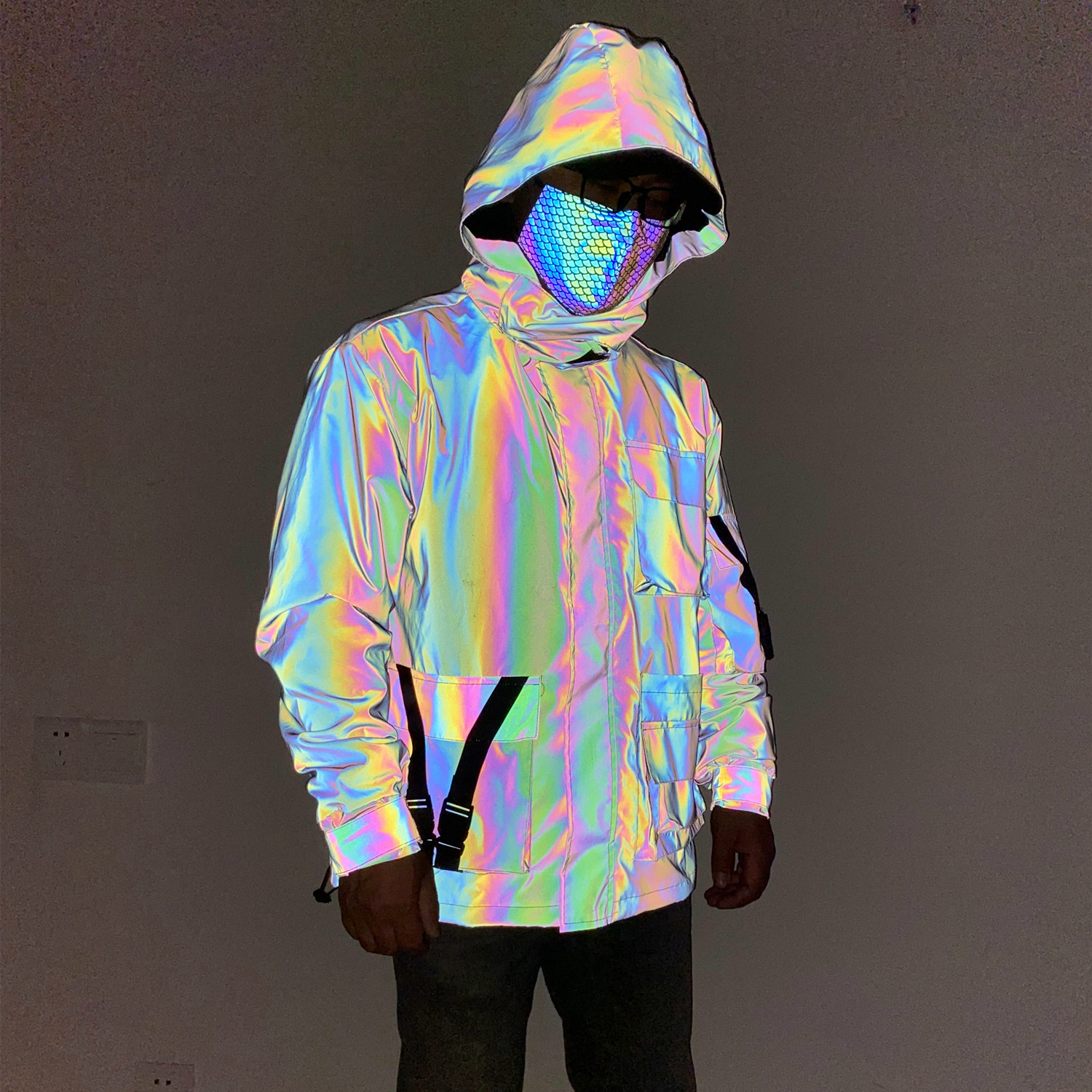 Casual men three dimensional multi pocket zipper cargo hoodded dazzling reflective jacket