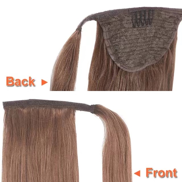 Natural brown Straight ponytail human remy hair clips in brazilian human hair extension wrap aorund drawstring head wear hairpiece 120g