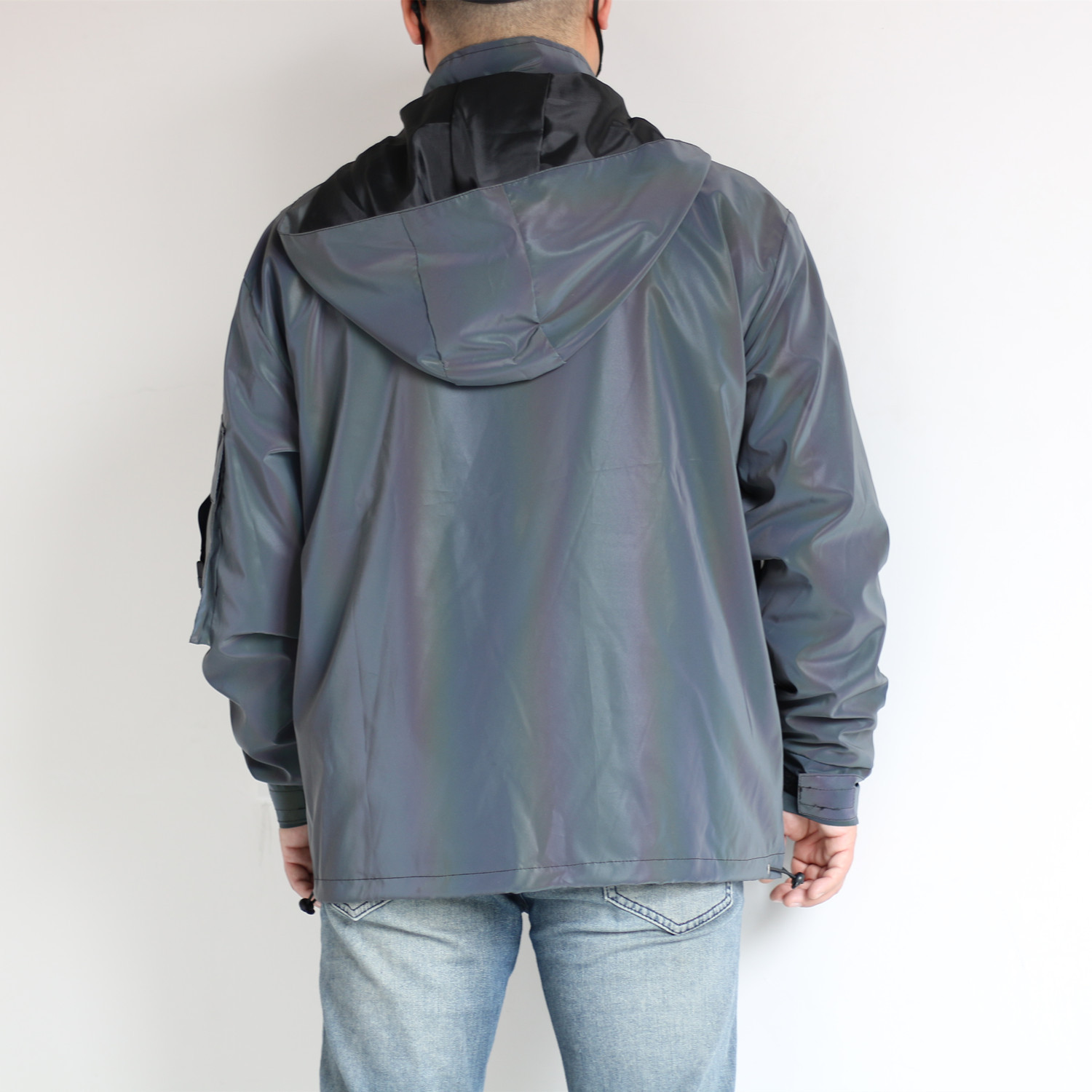 Casual men three dimensional multi pocket zipper cargo hoodded dazzling reflective jacket