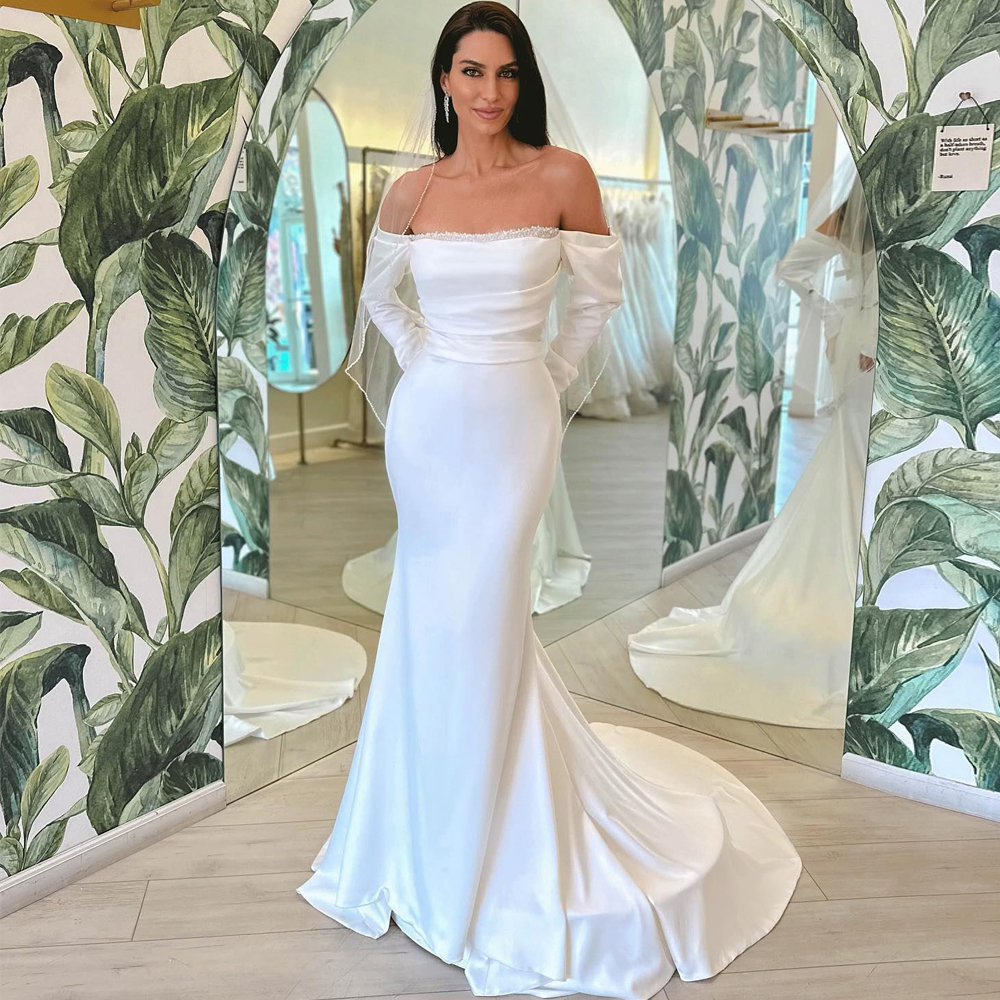 Exquisite Off The Shouler Beaded Wedding Dresses for Bride Boat Neck Mermaid Satin Bridal Dress Pleat Sweep Train Garden Rode De Morrie