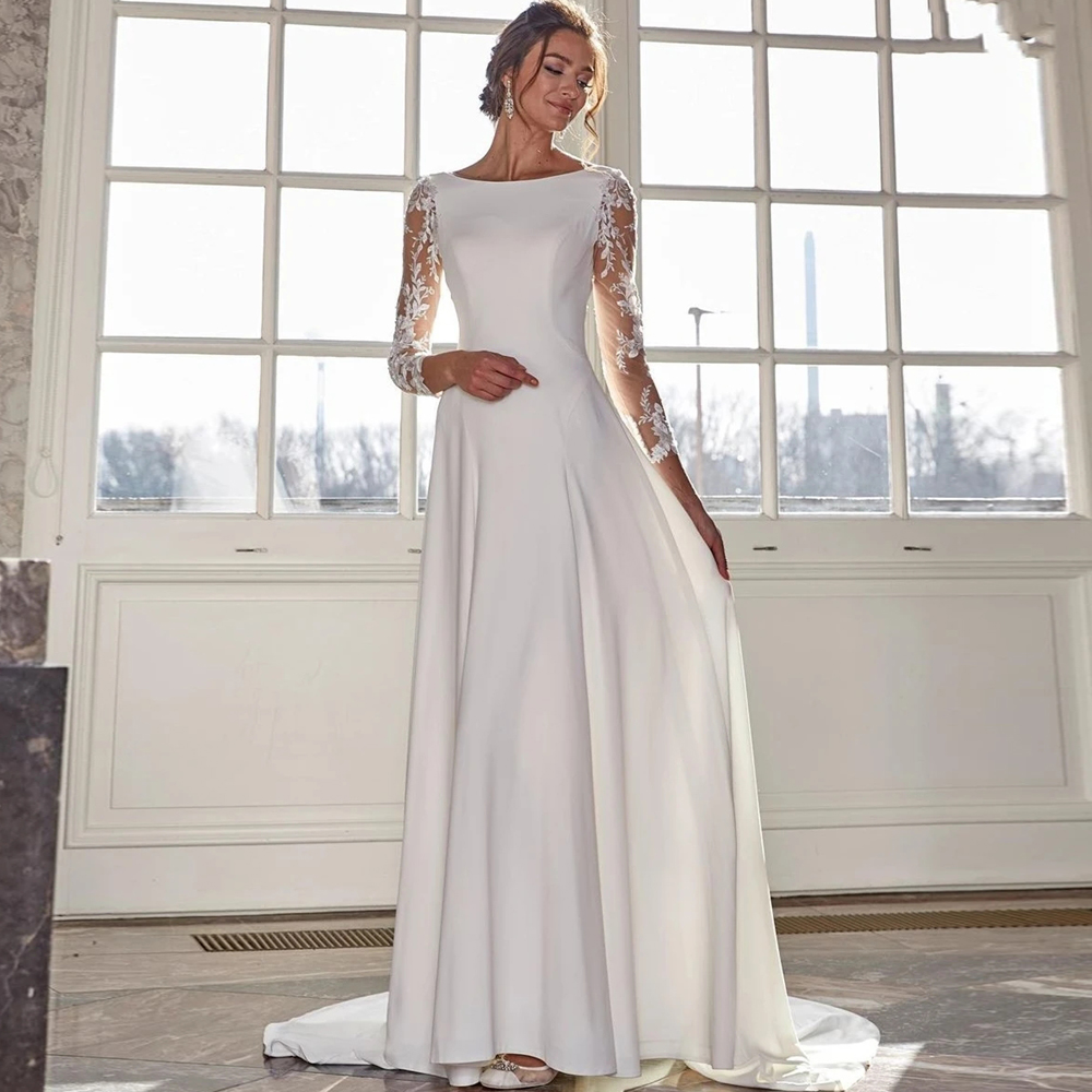 Civil Lace Sleeve A Line Dresses Scoop Neck Button Back Bridal Gown Satin Garden Country Wedding Gowns 407