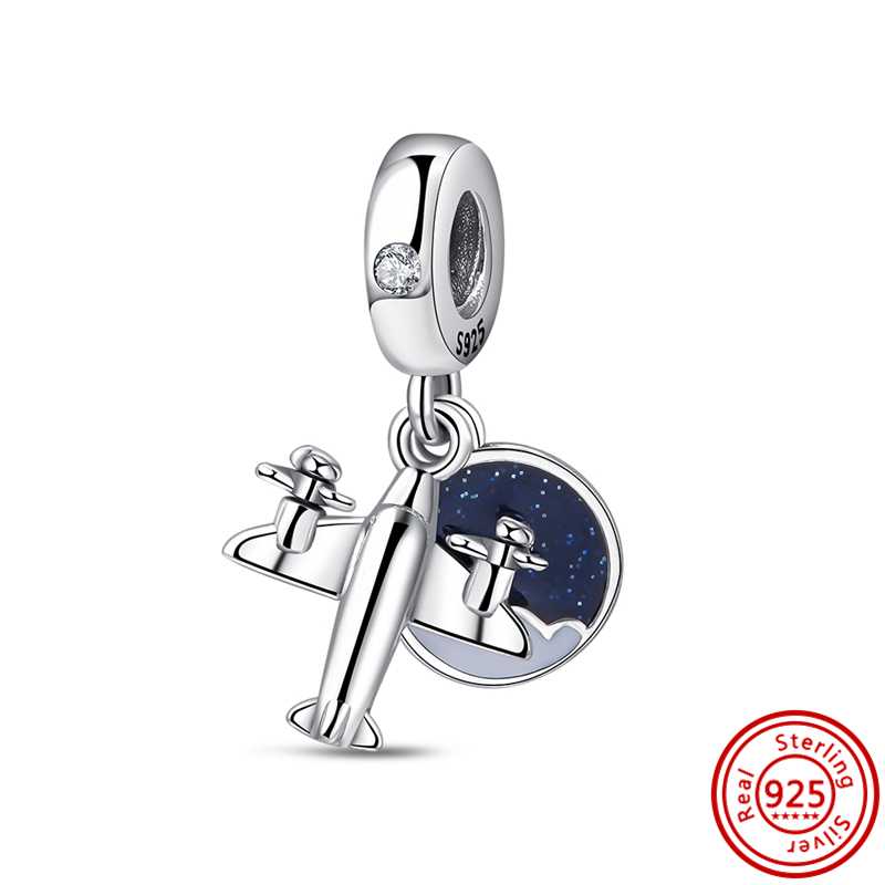 925 Sterling Silver Charming Blue Earth Aircraft Global Travel Postcard Global DIY Pearl Is Suitable For Primitive Bracelets Exquisite Jewelry