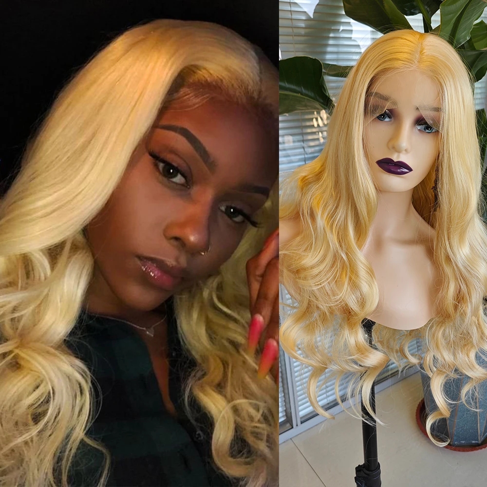 

Long Wave Golden Blonde Synthetic Wigs Body Wavy Natural Hairline Glueless Lace Front Wig Daily Cosplay Use Women Hair, As pic