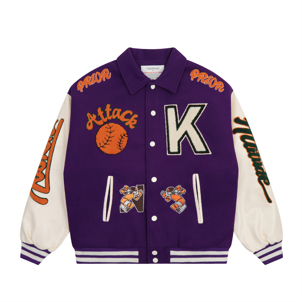 high street color matching lapel neck leather long sleeve flocking embroidery baseball jacket man