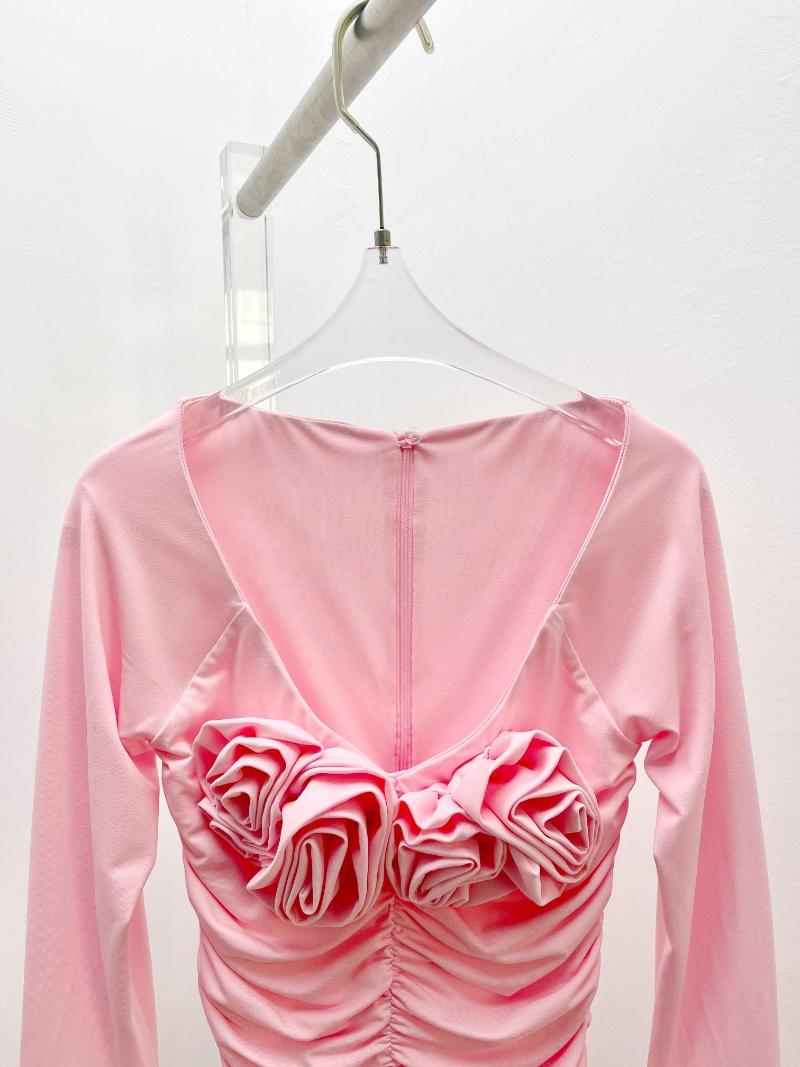 Casual Dresses Women Fashion Horn Long Sleeves V-neck Handmade Flower Off-the-shoulder Dress 0303