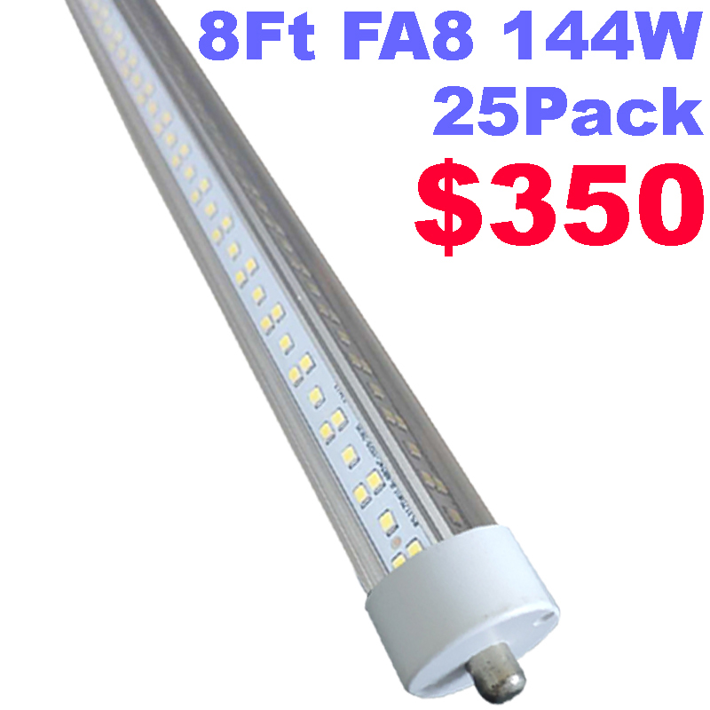 T8/T10/T12 8ft LED Tube Light ,8ft Single Pin FA8 Base, 144W 18000LM, 6500K Cool White, 8 Foot Double Side V Shape LED Fluorescent Bulbs (250W Replace