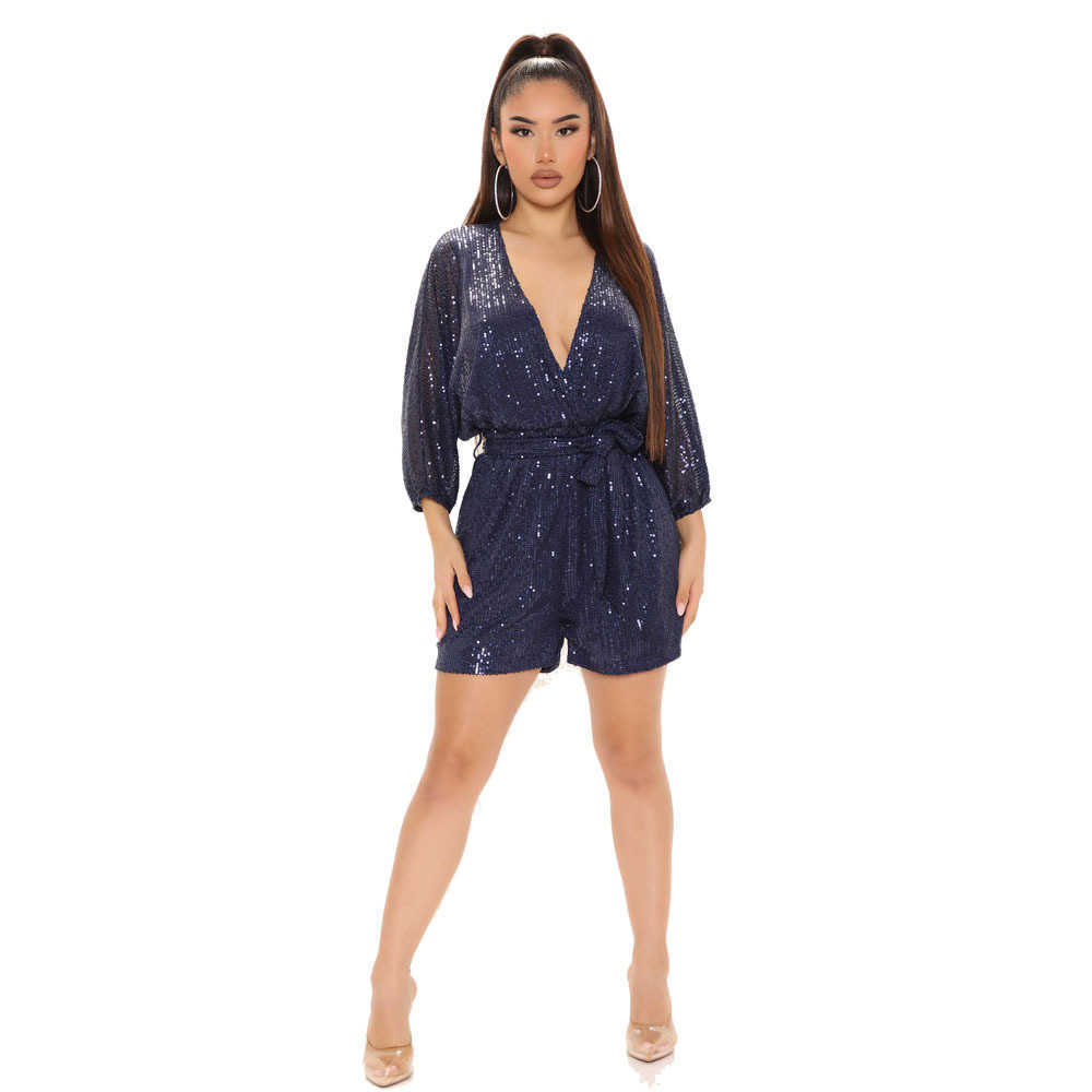 High Quality Fashionable Long Sleeve Deep V-Neck Sequin Jumpsuit Elegant Women One Piece Jumpsuits Shorts