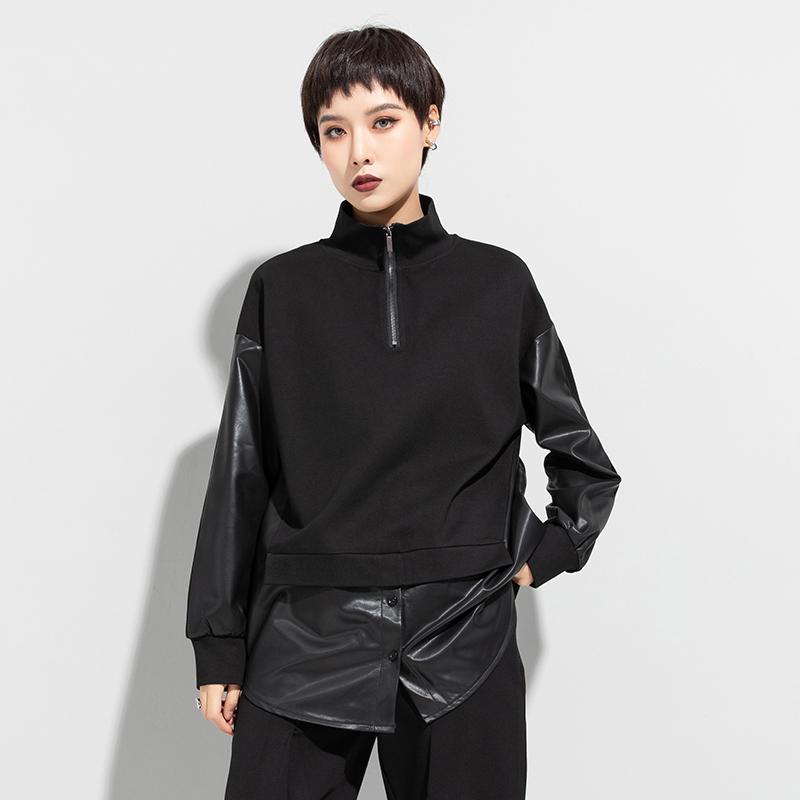 Women's Hoodies & Sweatshirts Autumn And Winter Thick Nylon Cotton PU Leather Fake Two-piece Zipper Sweatershirt, Black 
Women's Hoodies & Sweatshirts Autumn And Winter Thick Nylon Cotton PU Leather Fake Two-piece Zipper Sweatershirt, Black