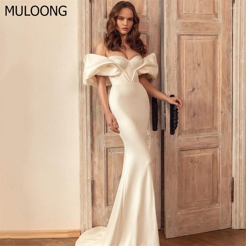 

Wedding Dress MULOONG Ivory Elegant Sweetheart Off The Shoulder Sleeveless Mermaid Long Backless Floor Length Sweep Train Gown, White