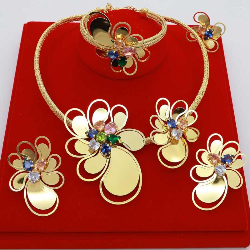 Necklace Earrings Set Woman Jewelry Brazilian Gold Style Original Flower Design Multi Color Zircon For Wedding Engagement, Picture shown 
Necklace Earrings Set Woman Jewelry Brazilian Gold Style Original Flower Design Multi Color Zircon For Wedding Engagement, Picture shown