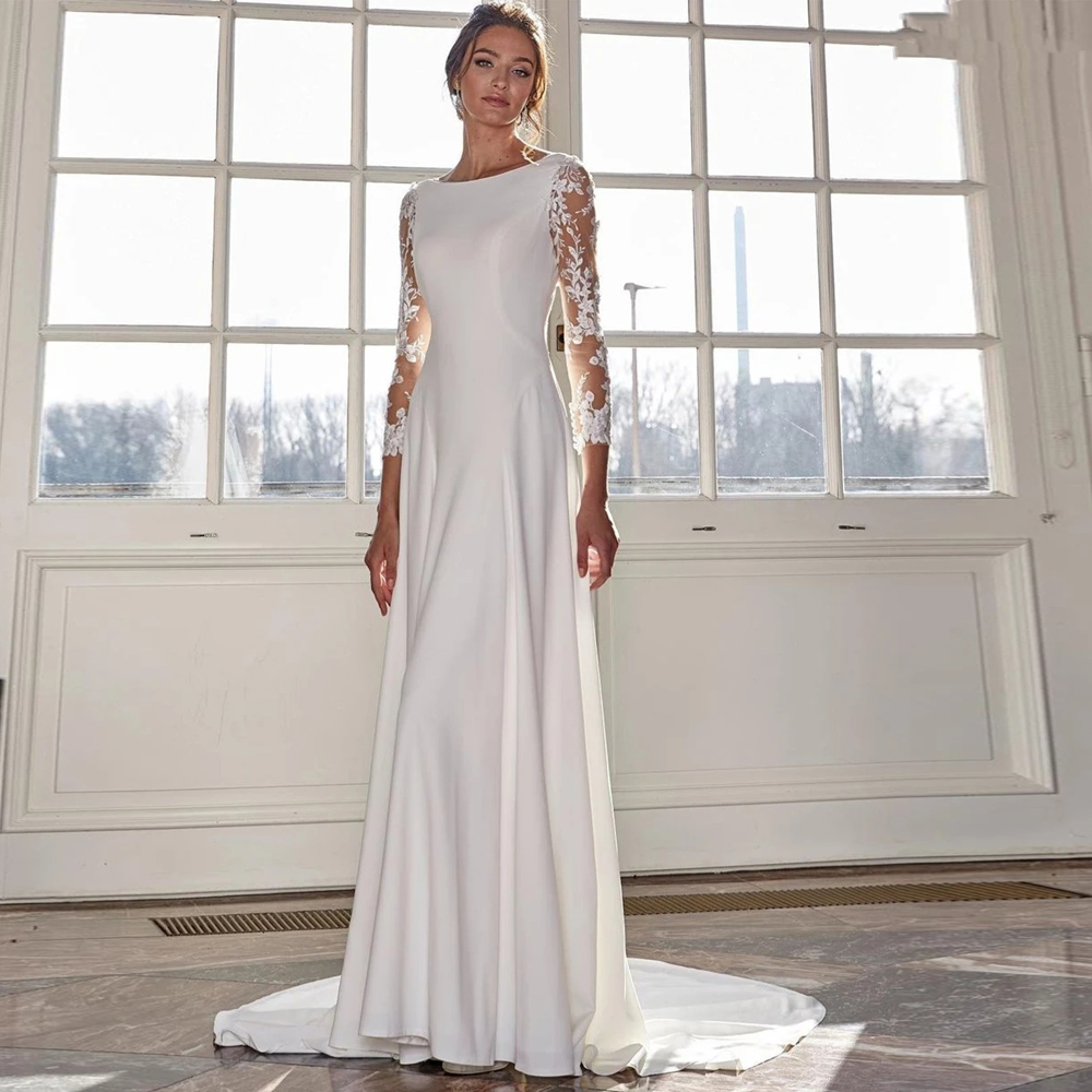 Civil Lace Sleeve A Line Dresses Scoop Neck Button Back Bridal Gown Satin Garden Country Wedding Gowns 407