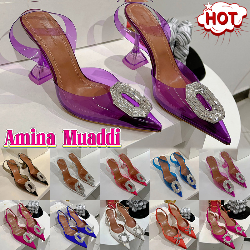 

2023 Designer Amina Muaddi womans Sandals high heels clear Rosie begum crystal pumps Camelia Glass silk sling stilettos heel mules womens luxury Party wedding shoes, 02