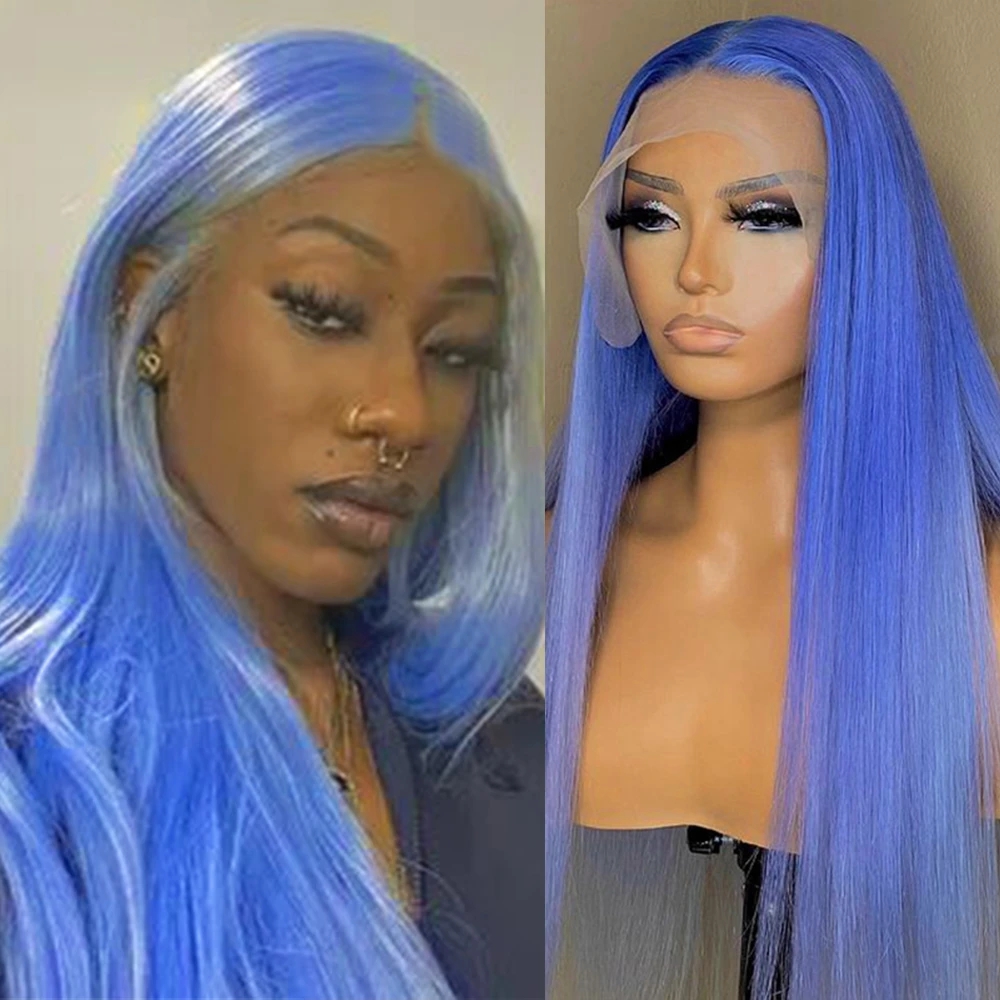Silky Straight Synthetic Blue Colored Natural Hairline Middle Part Lace Front Wigs Pre Plucked Fiber Hair Cosplay Use, As pic 
Silky Straight Synthetic Blue Colored Natural Hairline Middle Part Lace Front Wigs Pre Plucked Fiber Hair Cosplay Use, As pic