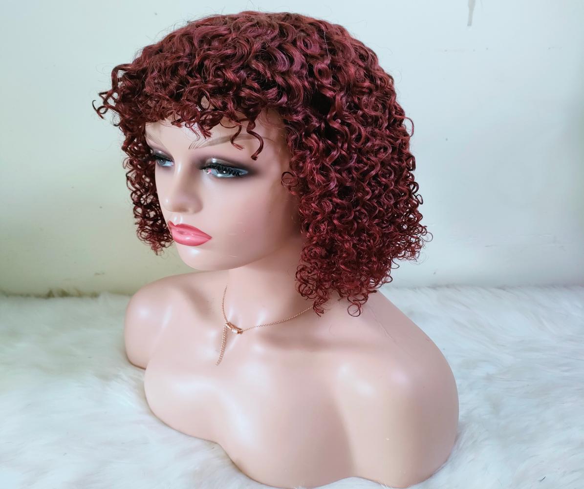 

Mejor Hair Bang Wig Jerry Curly Burgundy 99j Color 12Inch Machine Made With Fringe 7180 Density1012604