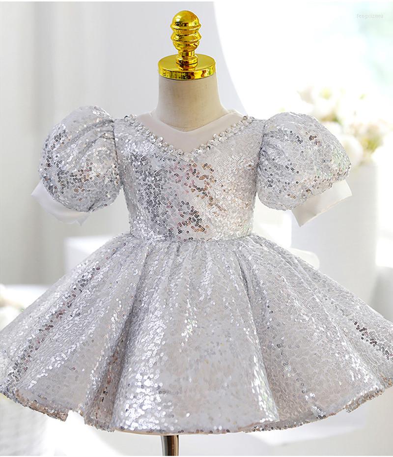 

Girl Dresses Cute Puffy Silver Ball Gown Pageant Dress Sequins Flower Tulle Satin Bow First Communion Year
