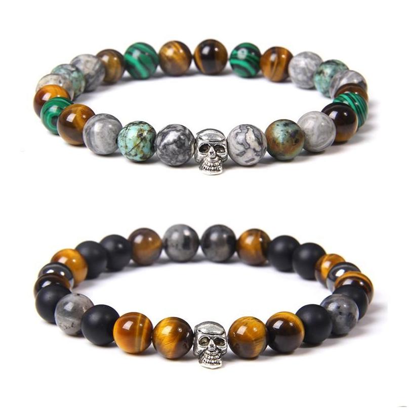 Beaded Strands Mix Natural Stone Skl Charm Bracelets Bloodstone Lava Tiger Eye For Men Punk Cool Bracelet Bangles Jewelry Gothic Dro Dhe4E