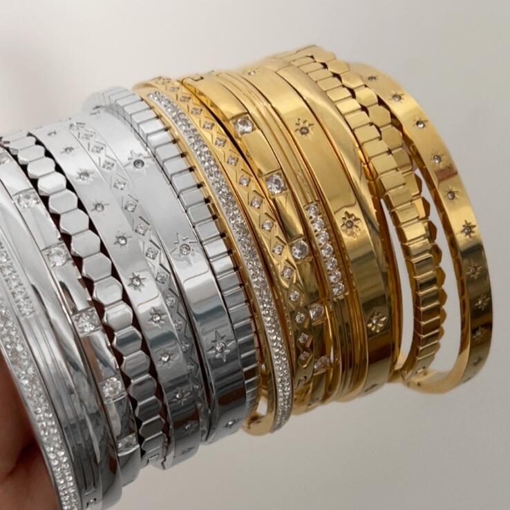 Stainless Steel Crystal Bangle Bracelet for Women, Gold Plated, Wedding Party Jewelry, Holiday Gift, Never Fade 5330