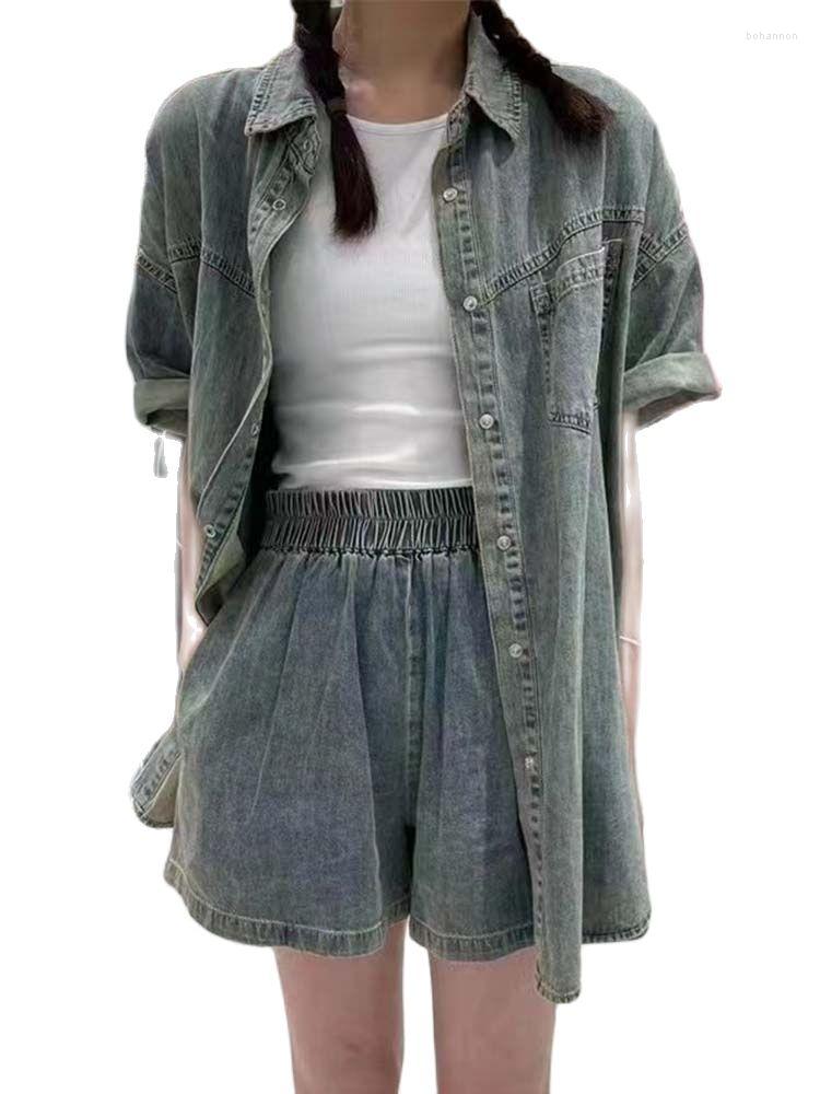 Women's Tracksuits Casual Set Short Sleeve Denim Shirt Elastic Waist Wide Leg Shorts Two Piece 2023 Korean Fashion Clothing, Blue
Women's Tracksuits Casual Set Short Sleeve Denim Shirt Elastic Waist Wide Leg Shorts Two Piece 2023 Korean Fashion Clothing, Blue