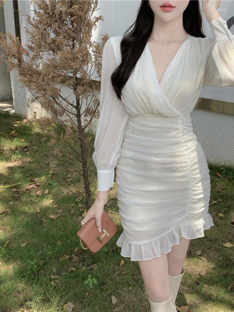 Casual Dresses Deeptown French Ruffles Folds White Fairy Women Sweet See Through V-neck High Waist Long Sleeve Bodycone Chiffon Dress
Casual Dresses Deeptown French Ruffles Folds White Fairy Women Sweet See Through V-neck High Waist Long Sleeve Bodycone Chiffon Dress