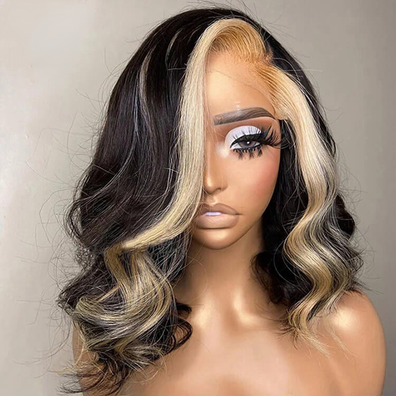 Free shipping 180Density Peruvian Short Blonde Front Human Hair Bob Wig Body Wave Highlight Colored Synthetic HD Lace Frontal Wigs For Women