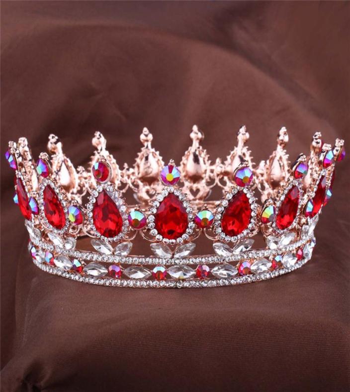 European Designs Royal King Queen Crown Ruby Teardrop Rhinestone Tiara Hair jewelry Quinceanera crown Wedding bride Pageant Tiaras