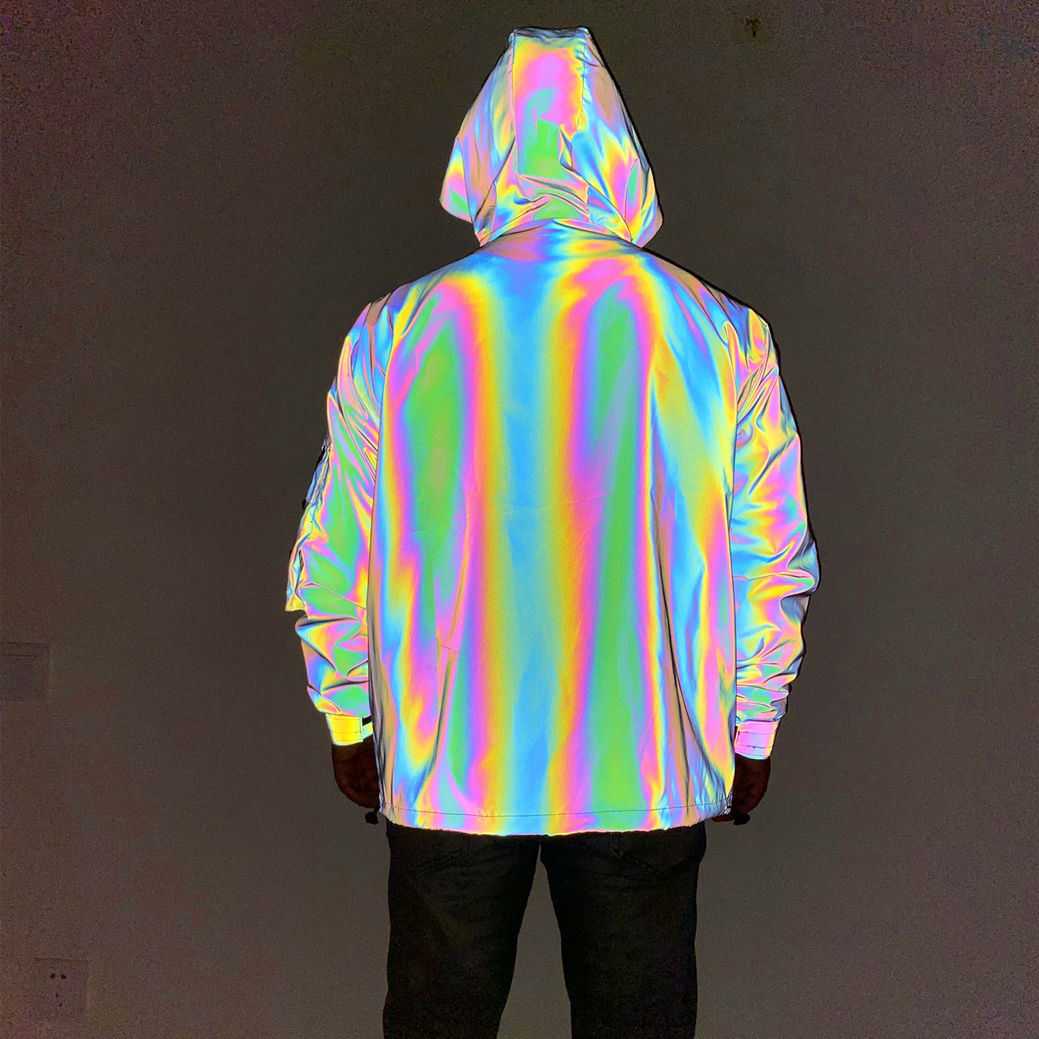 Casual men three dimensional multi pocket zipper cargo hoodded dazzling reflective jacket