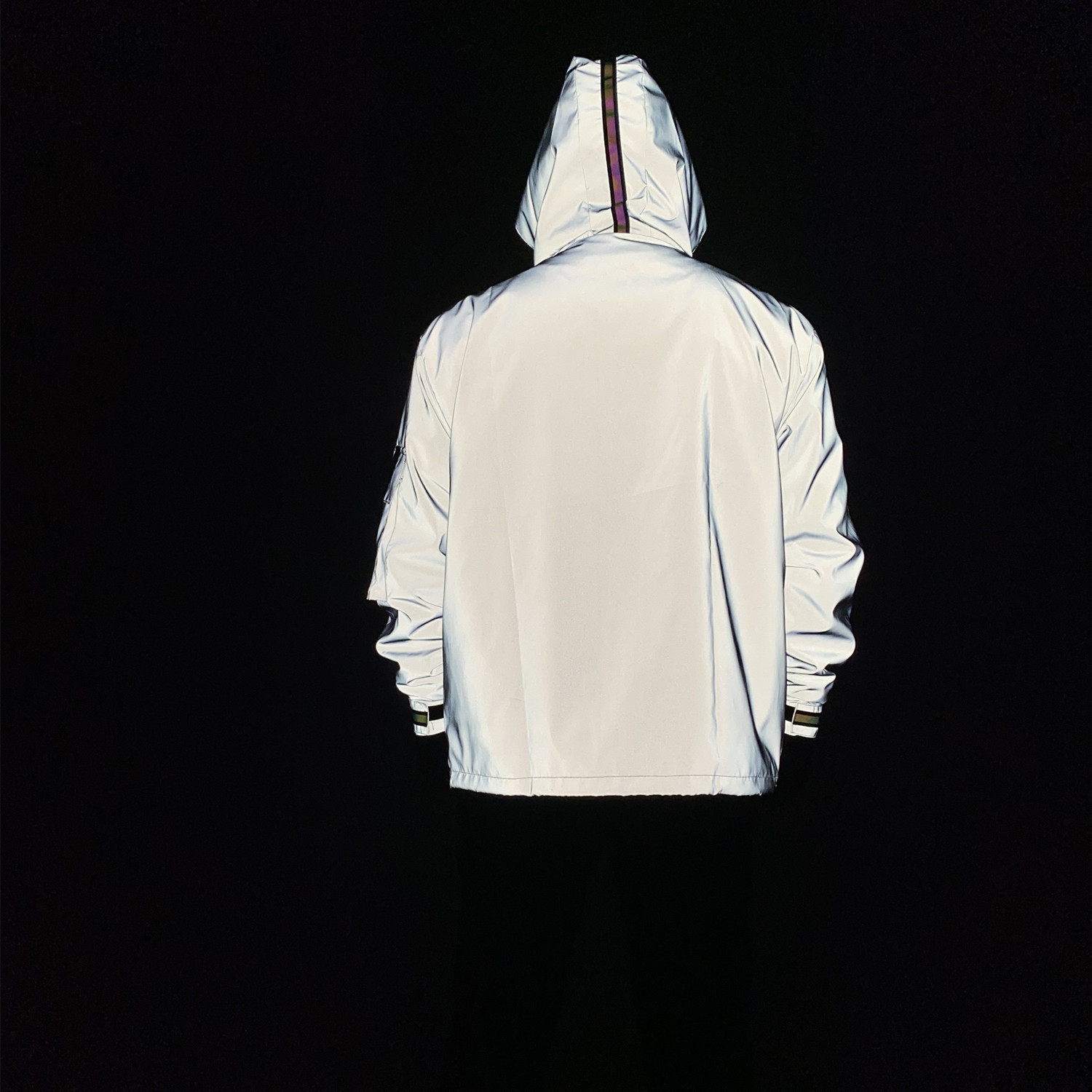 Casual men three dimensional multi pocket zipper cargo hoodded dazzling reflective jacket